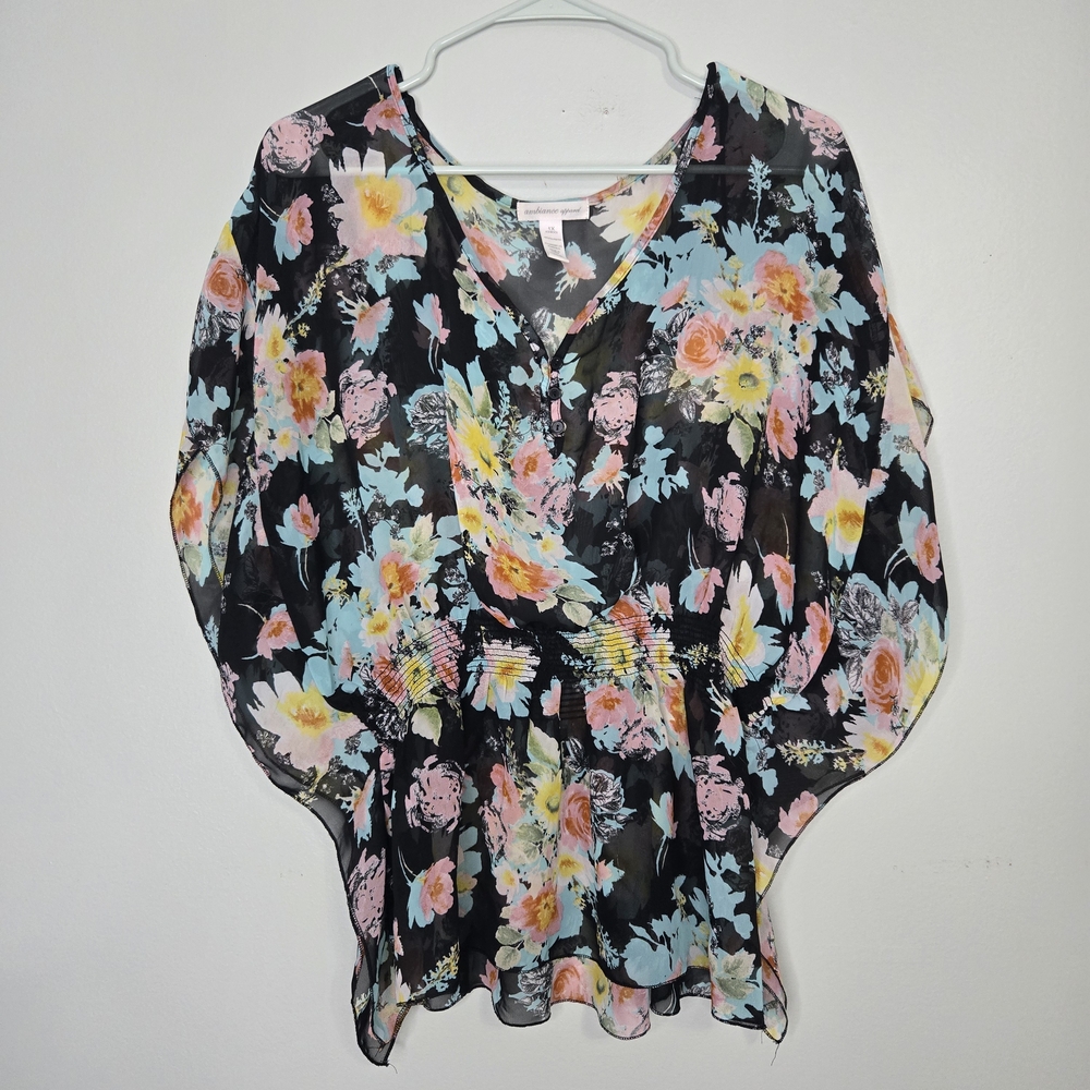 Ambiance Apparel Black Floral Sheer Chiffon Blouse 1X
